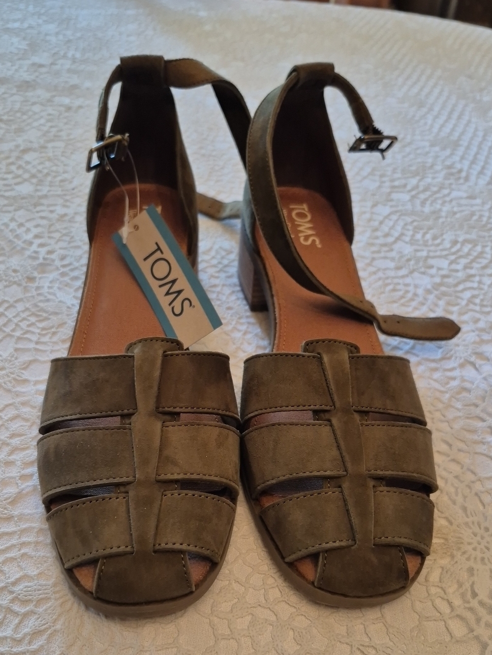 TOMS Olive Suede Strappy Ankle-Heel Sandals, Size 9.5